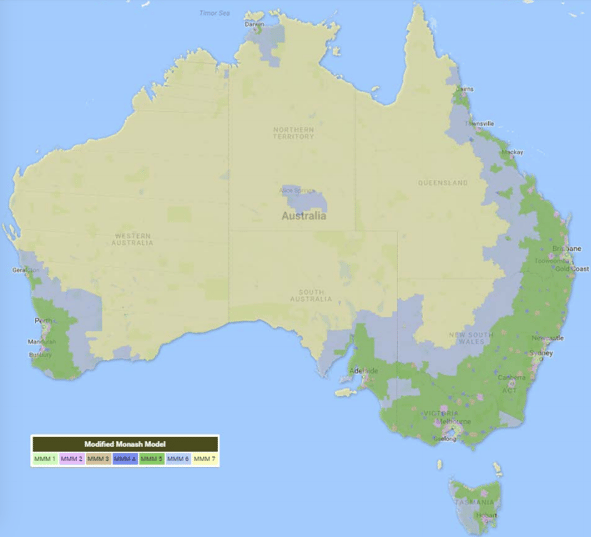 Modified Monash Model - areas 6 and 7 receive government funding for telehealth services