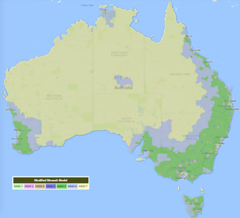 Modified Monash Model - areas 6 and 7 receive government funding for telehealth services