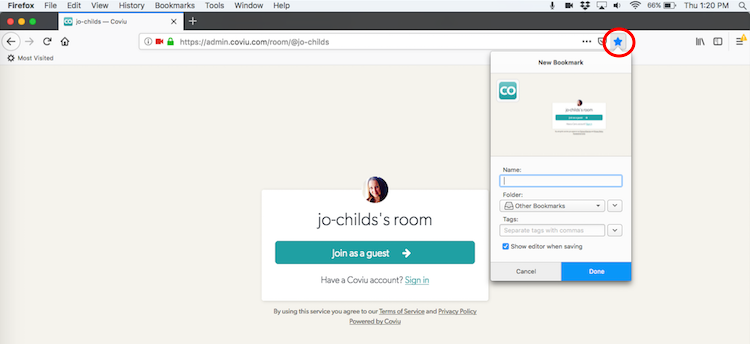 Bookmarking your Coviu room