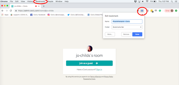 Bookmarking your Coviu room