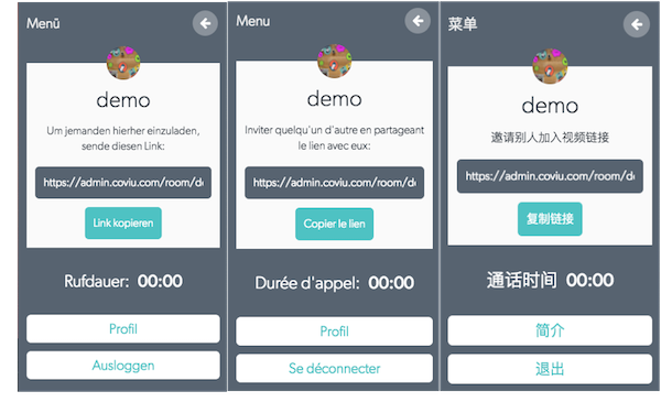 Examples of Coviu's interface in multiple languages